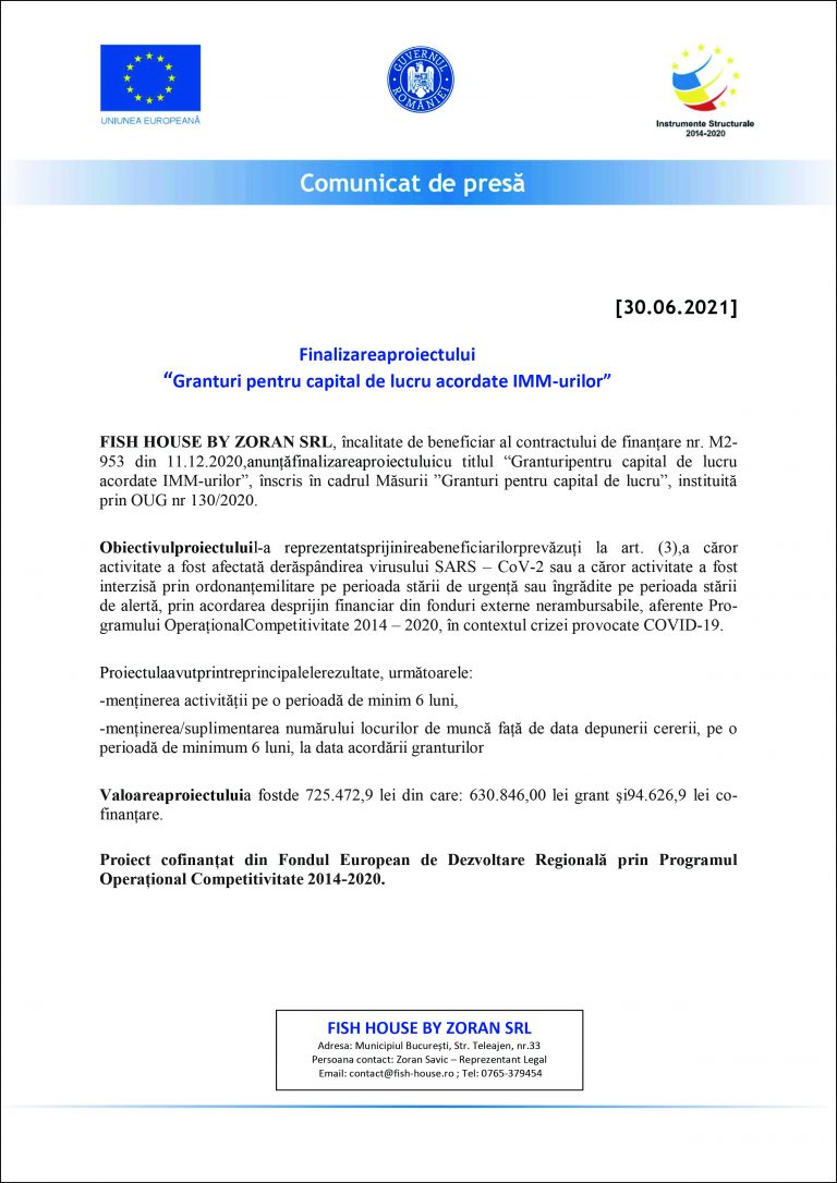 Comunicat de presa FISH HOUSE BY ZORAN SRL
