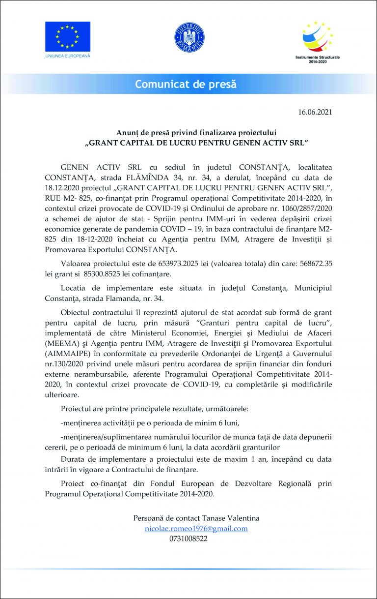 Comunicat de presa GENEN ACTIV SRL