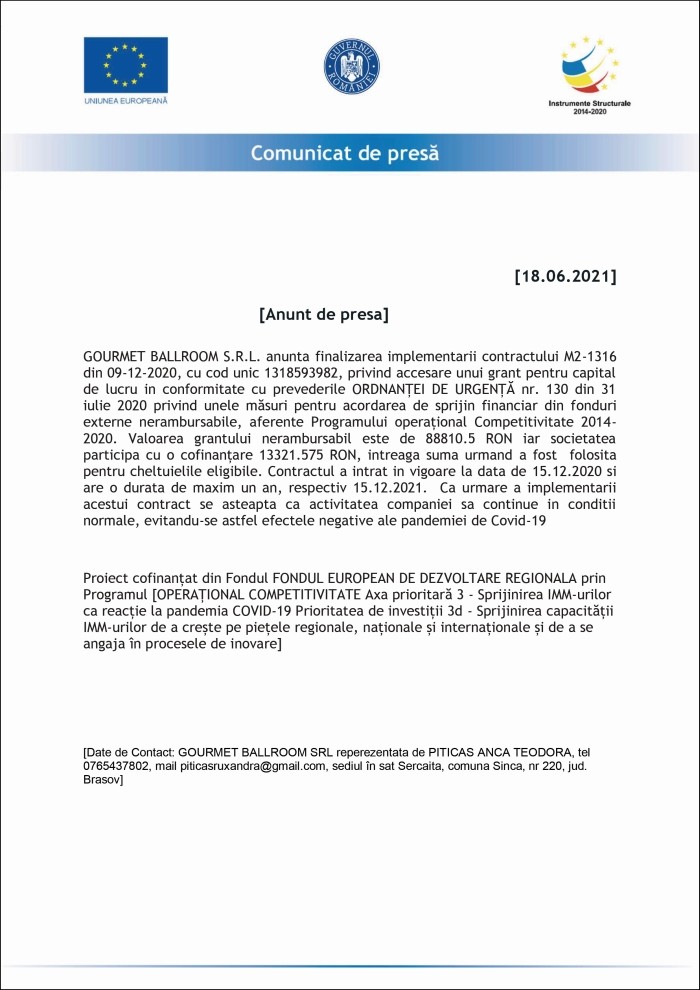Comunicat de presă GOURMET BALLROOM S.R.L