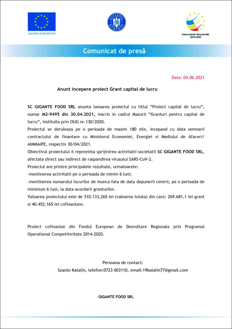 Comunicat de presă Gigante Food SRL