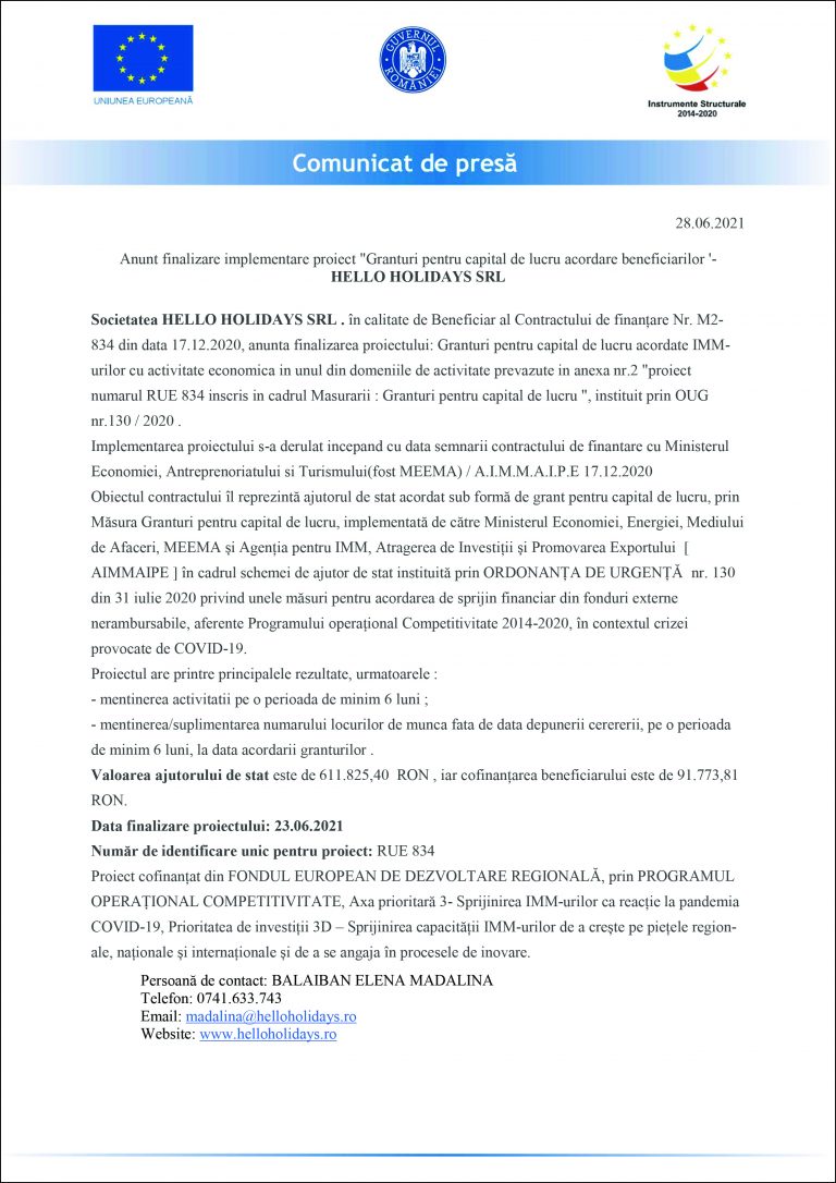 Comunicat de presă Hello Holidays SRL