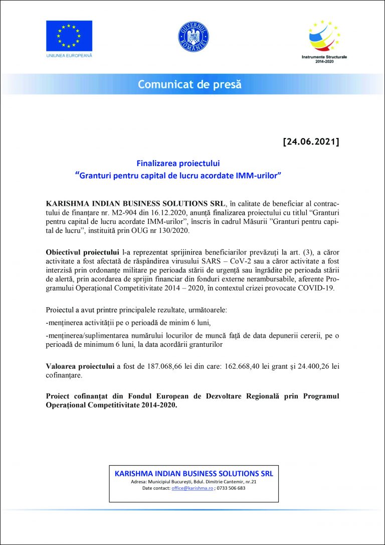 Comunicat de presă KARISHMA INDIAN BUSINESS SOLUTIONS SRL