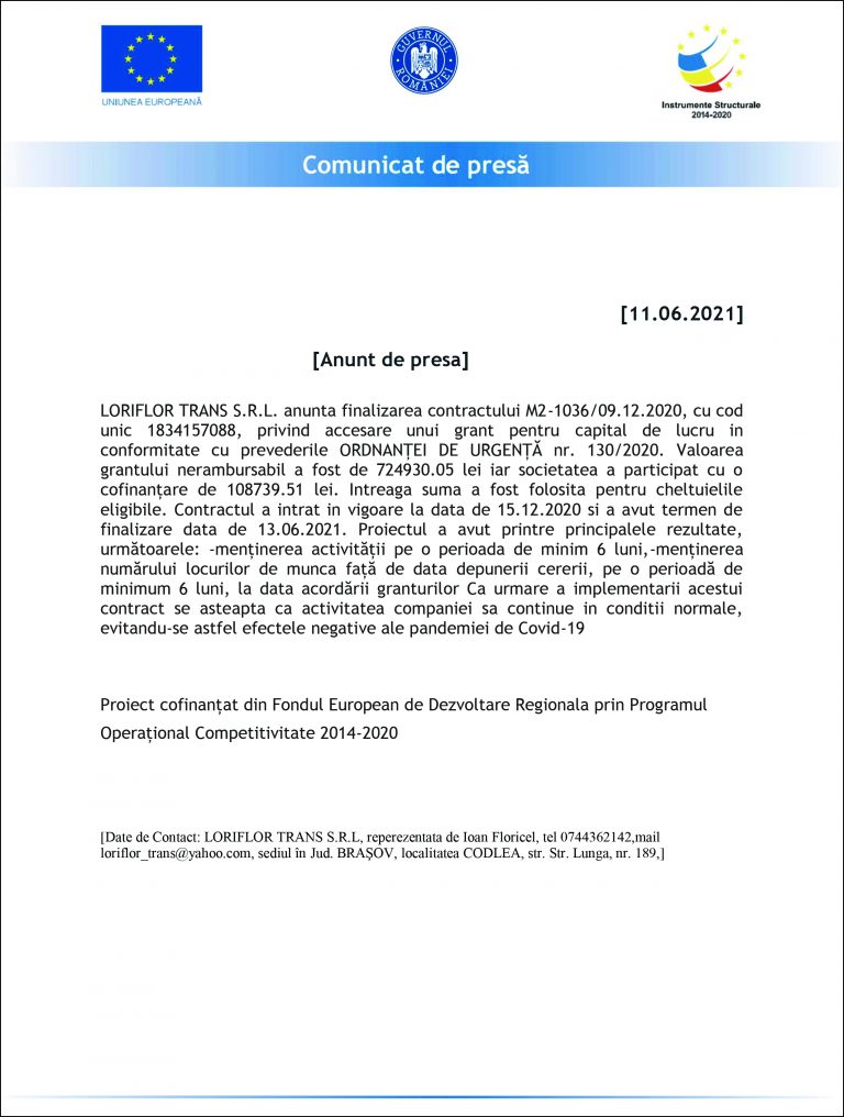 Comunicat de presă LORIFLOR TRANS S.R.L