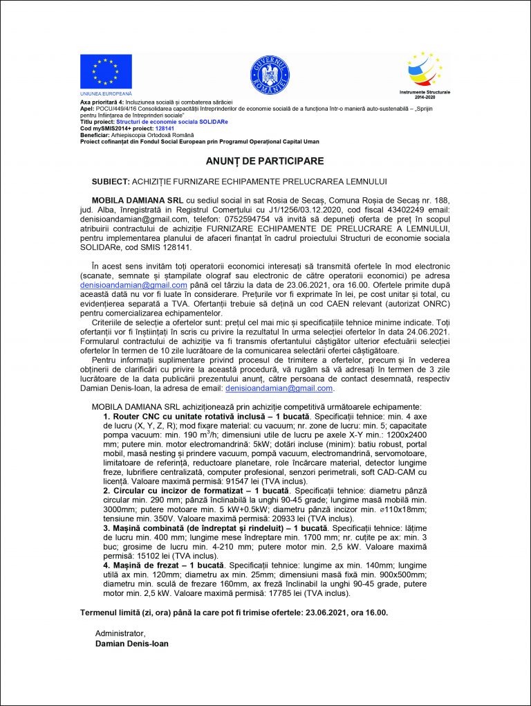 Comunicat de presă MOBILA DAMIANA SRL