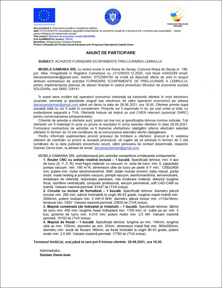 Comunicat de presă MOBILA DAMIANA SRL