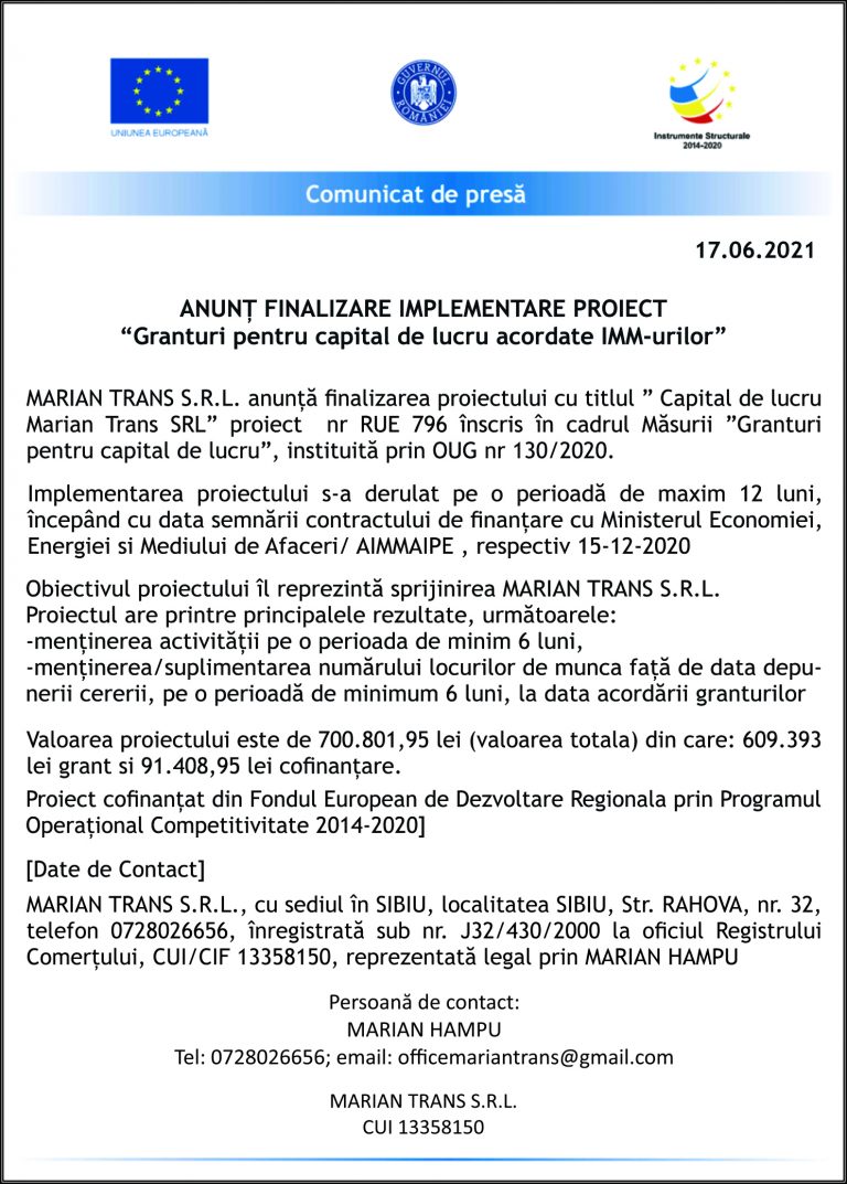 Comunicat de presă MARIAN TRANS S.R.L.