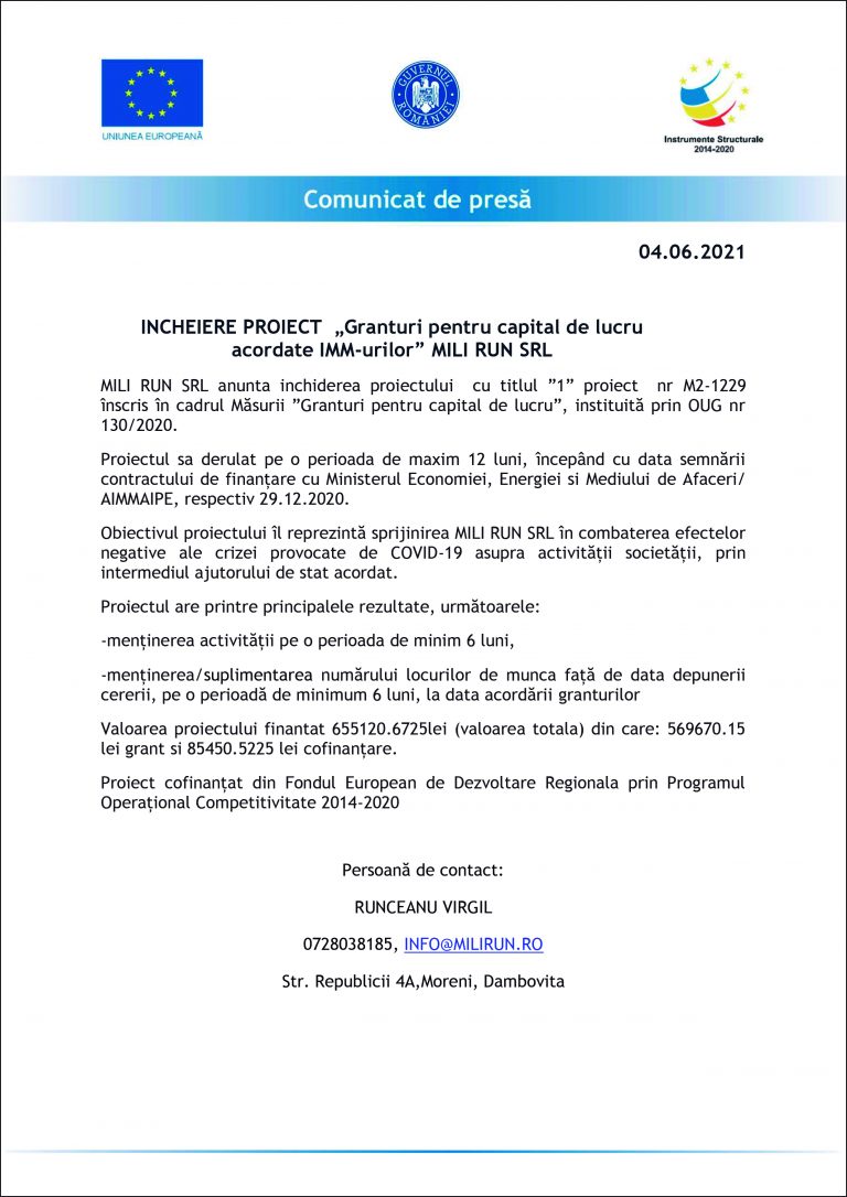 Comunicat de presă Mili Run SRL