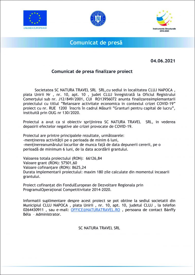 Comunicat de presă Natura Travel SRL