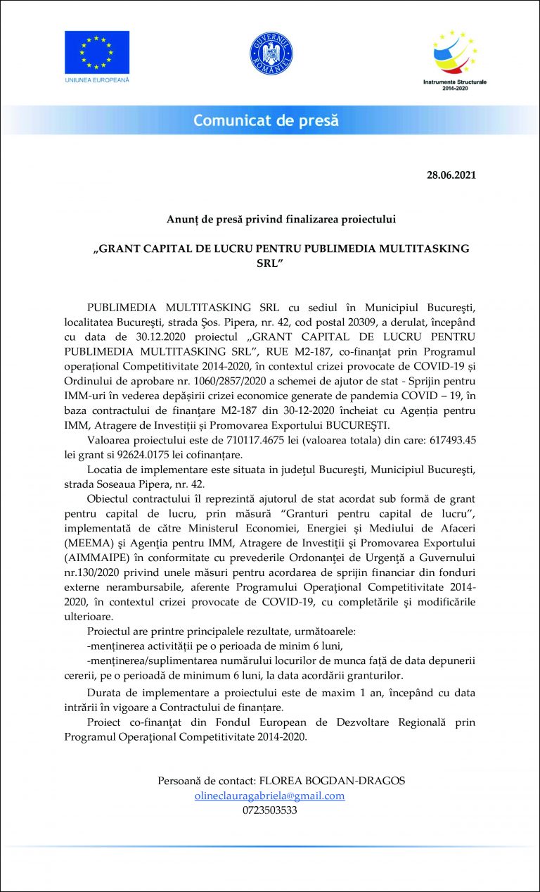 Comunicat de presă PUBLIMEDIA MULTITASKING SRL