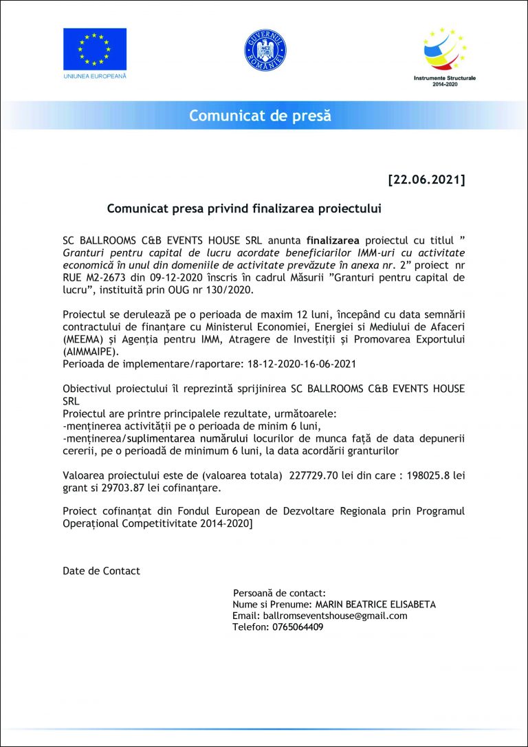 Comunicat de presă SC BALLROOMS C&B EVENTS HOUSE SRL