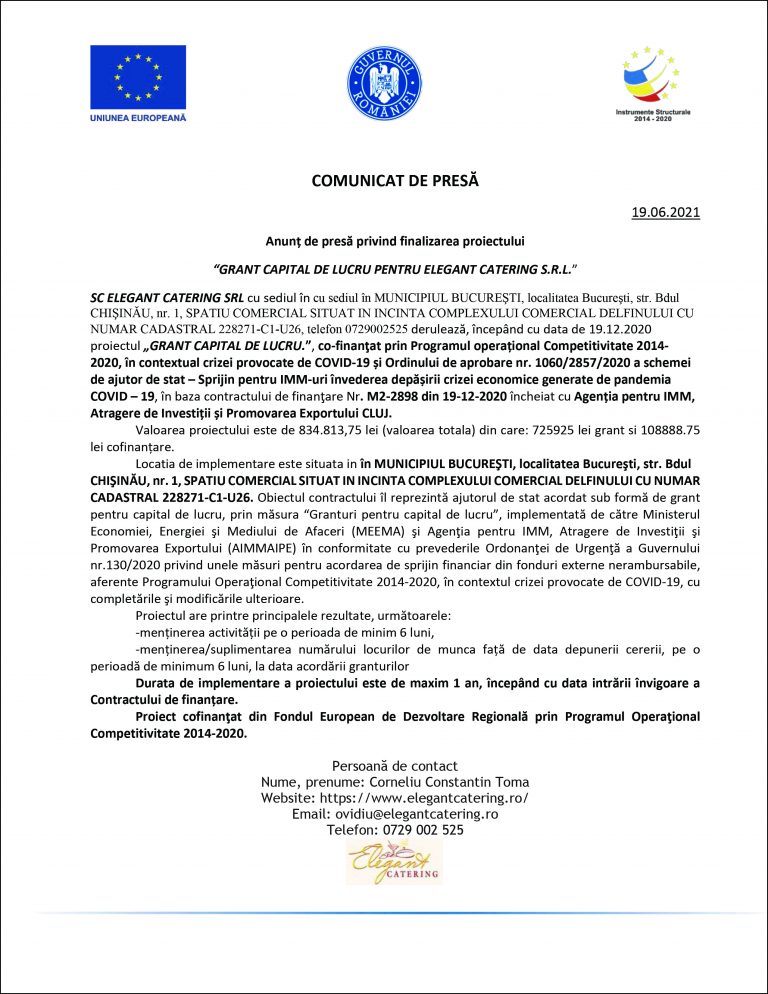 Comunicat de presă SC ELEGANT CATERING SRL