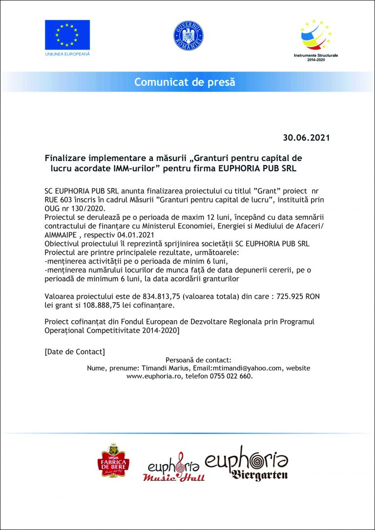 Comunicat de presa SC EUPHORIA PUB SRL