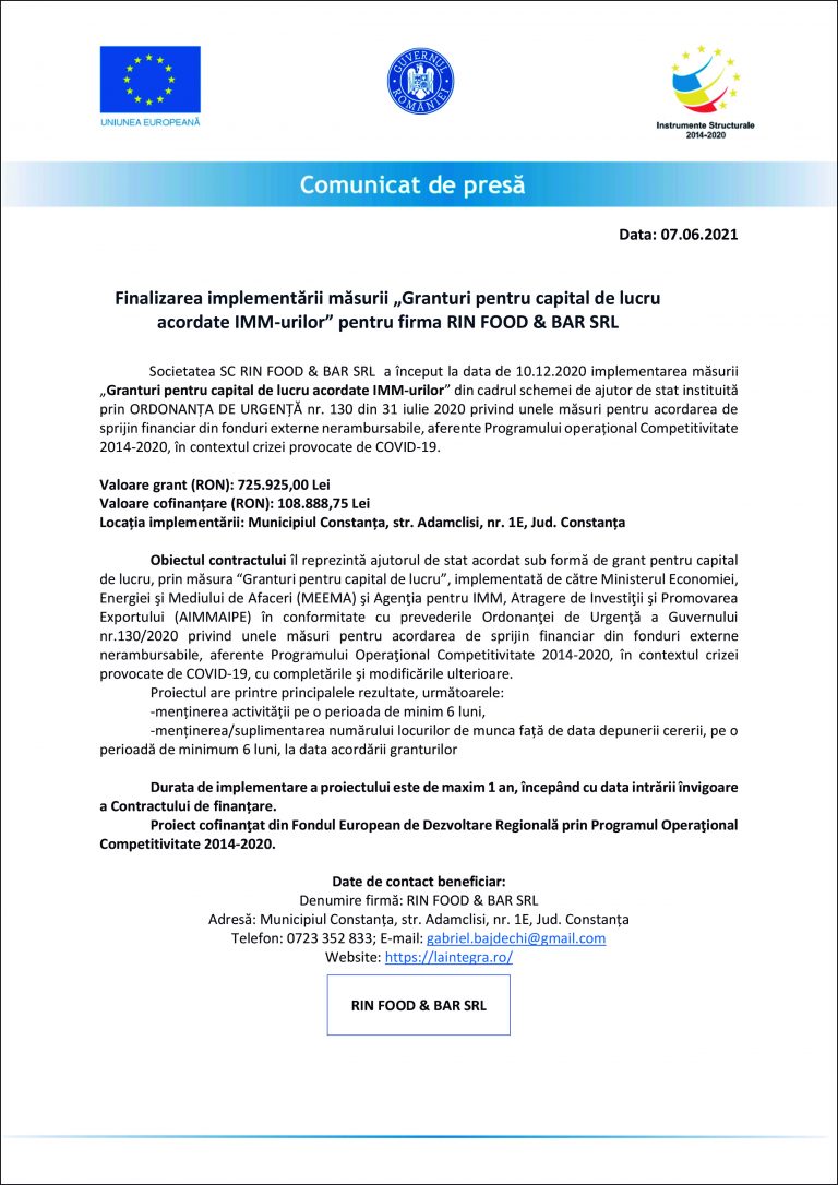 Comunicat de presă SC RIN FOOD & BAR SRL