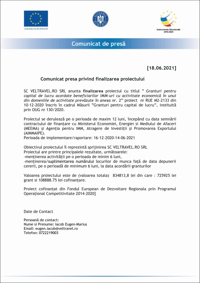 Comunicat de presă SC VELTRAVEL.RO SRL