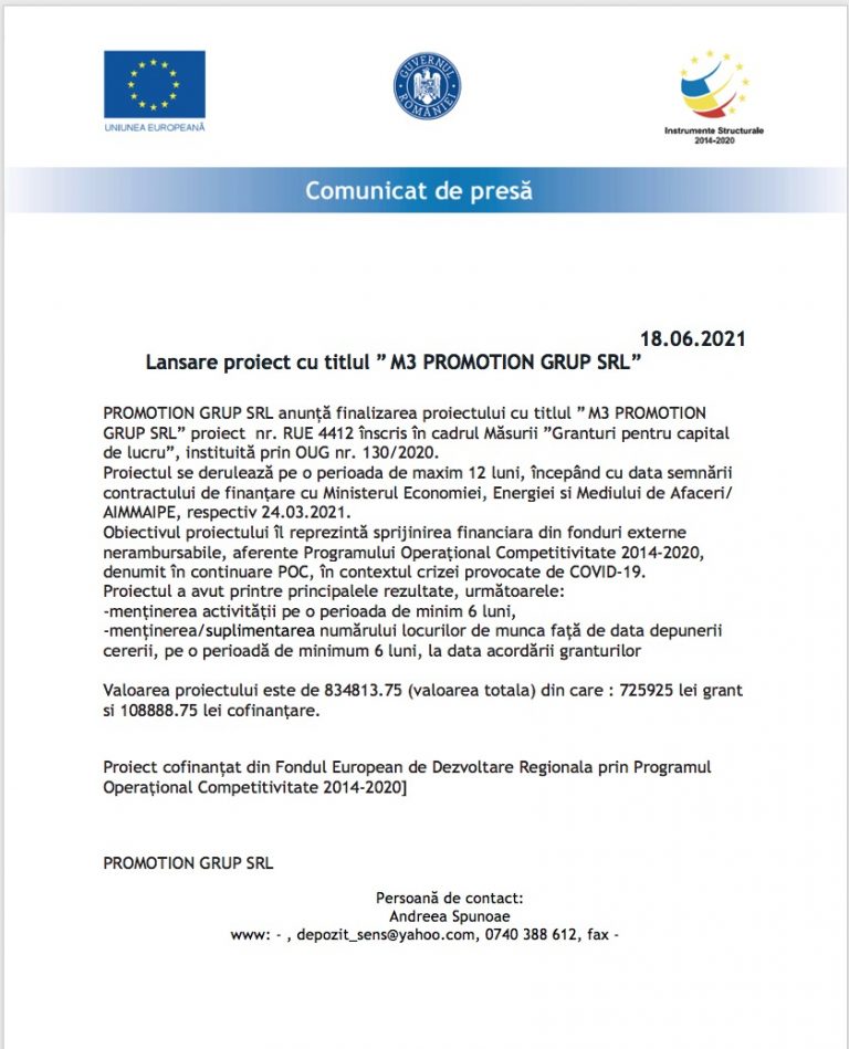 Lansare proiect cu titlul ” M3 PROMOTION GRUP SRL”
