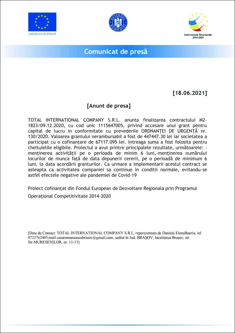 Comunicat de presă TOTAL INTERNATIONAL COMPANY S.R.L.
