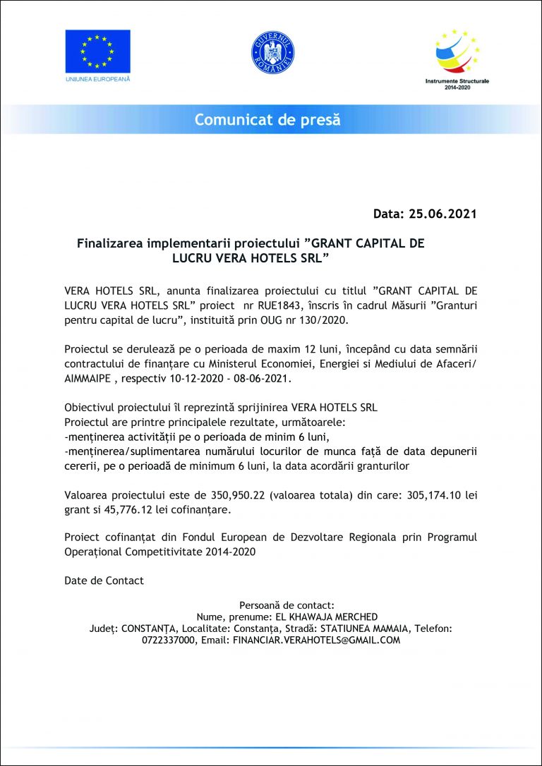 Comunicat de presă VERA HOTELS SRL