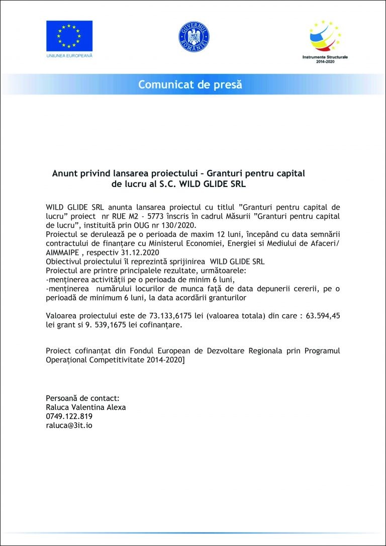 Comunicat de presă WILD GLIDE SRL