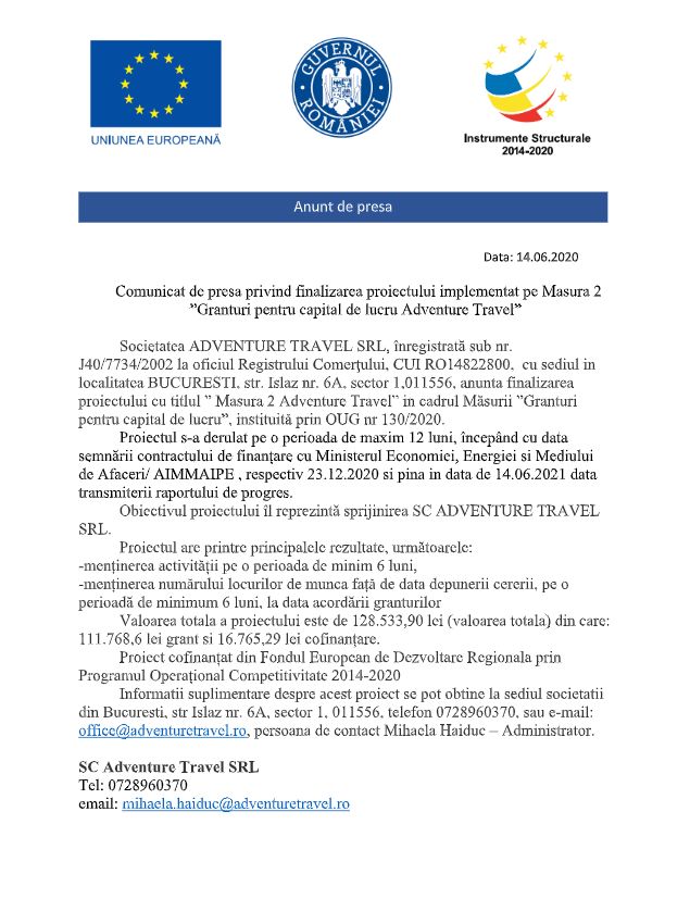 Comunicat de presă ADVENTURE TRAVEL SRL