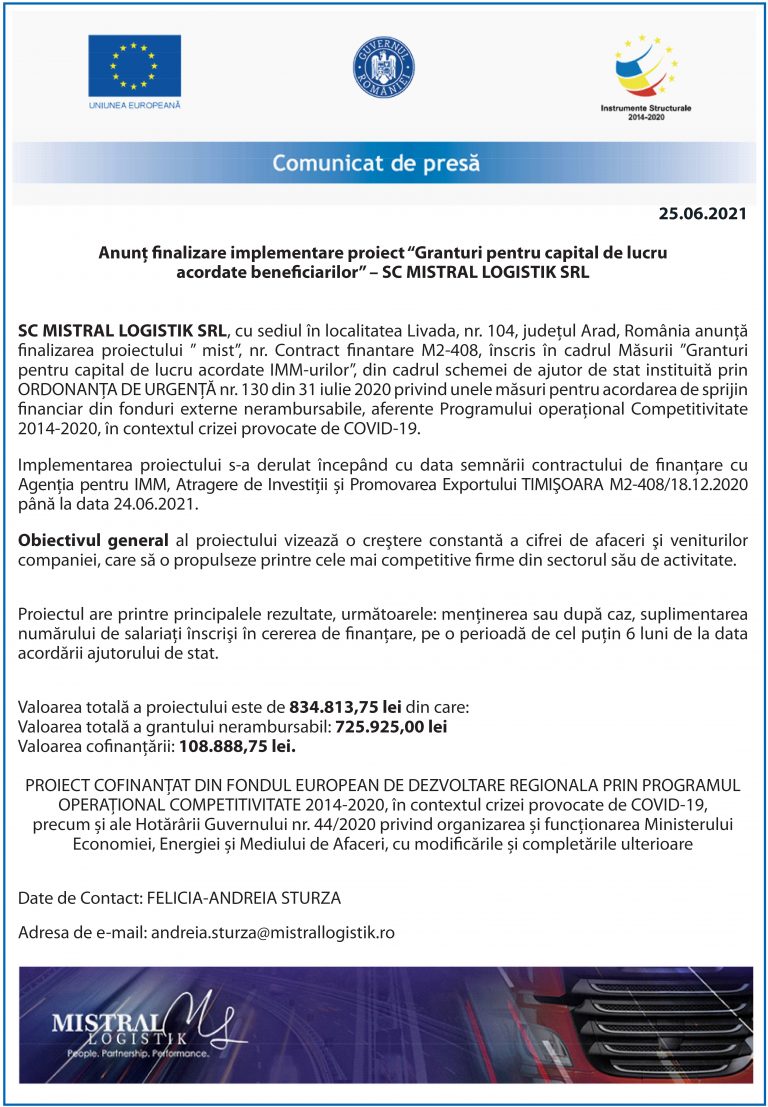 Comunicat de presa MISTRAL LOGISTIK SRL