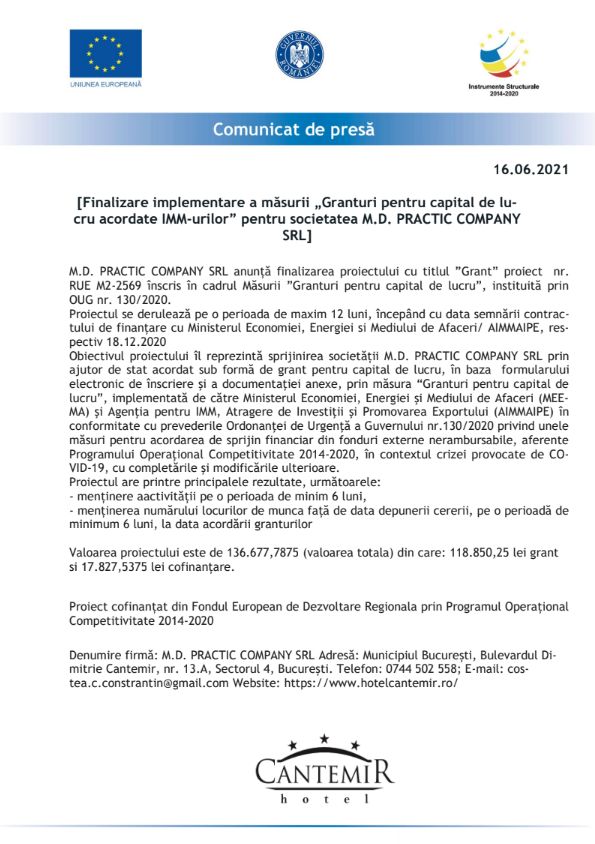 Comunicat de presa M.D. PRACTIC COMPANY SRL