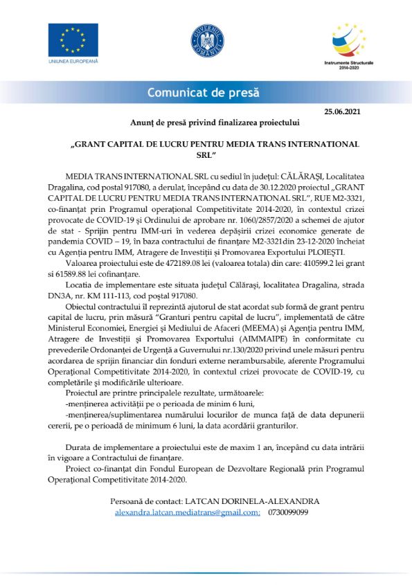Comunicat de presă MEDIA TRANS INTERNATIONAL SRL