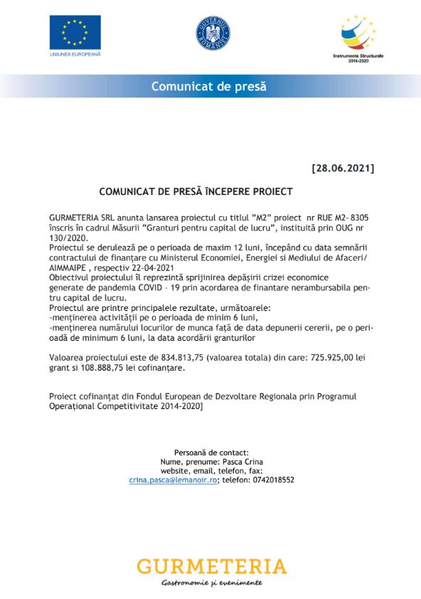Comunicat de presă GURMETERIA SRL