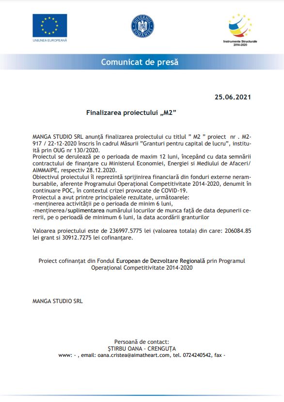 Comunicat de presa MANGA STUDIO SRL
