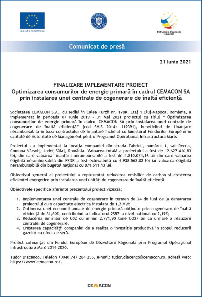 Comunicat de presa CEMACON SA