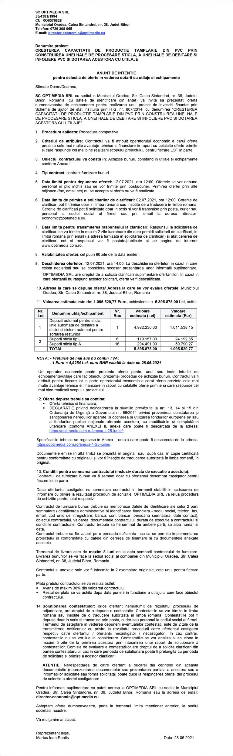 Anunt de intenție SC OPTIMEDIA SRL