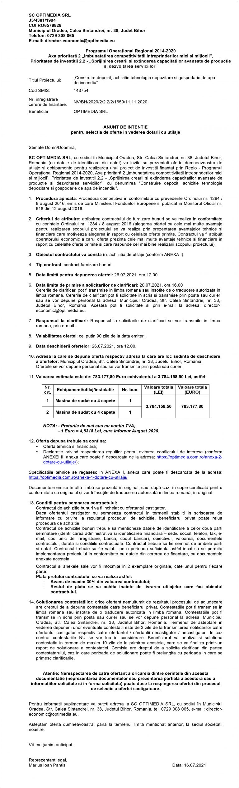 Anunț de intenție SC OPTIMEDIA SRL