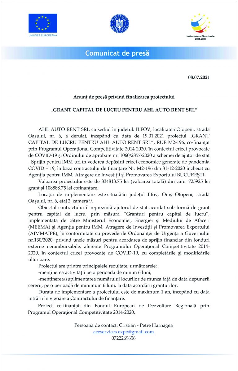 Comunicat de presă AHL AUTO RENT SRL