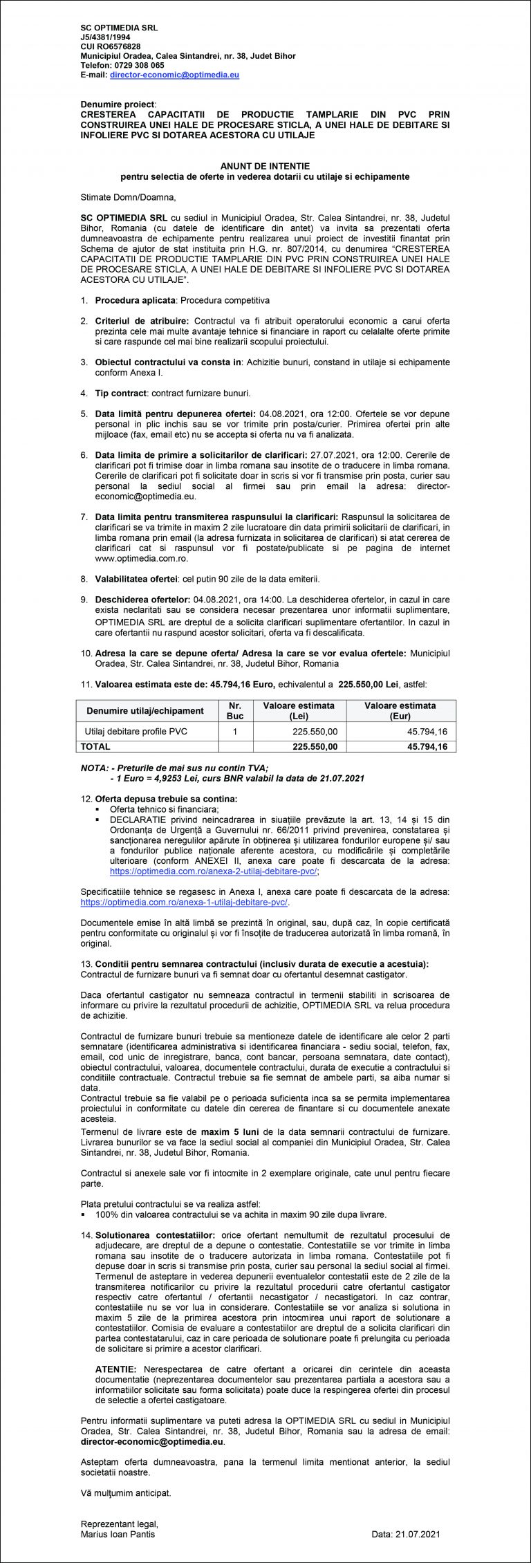 Anunț de intenție SC OPTIMEDIA SRL
