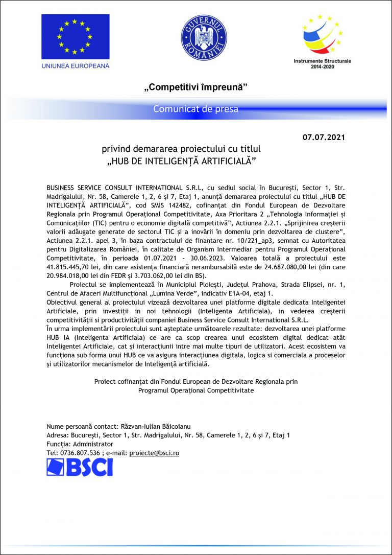 Comunicat de presă BUSINESS SERVICE CONSULT INTERNATIONAL S.R.L.