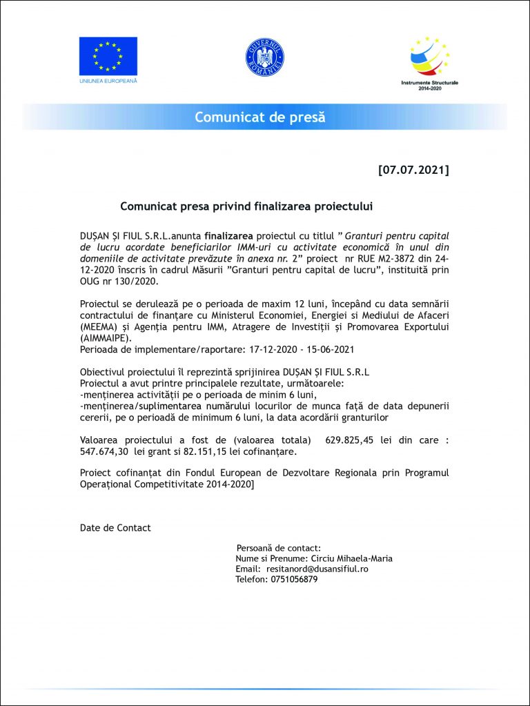 Comunicat de presă DUŞAN ŞI FIUL S.R.L.