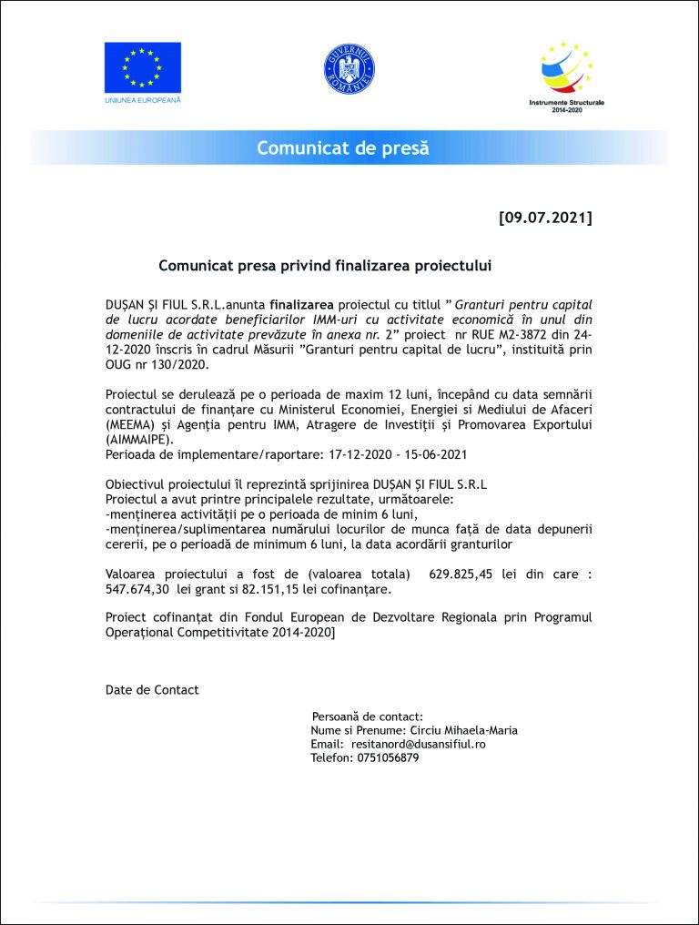 Comunicat de presă DUŞAN ŞI FIUL S.R.L.
