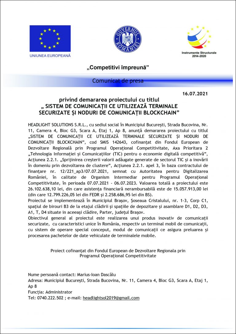 Comunicat de presă HEADLIGHT SOLUTIONS S.R.L.
