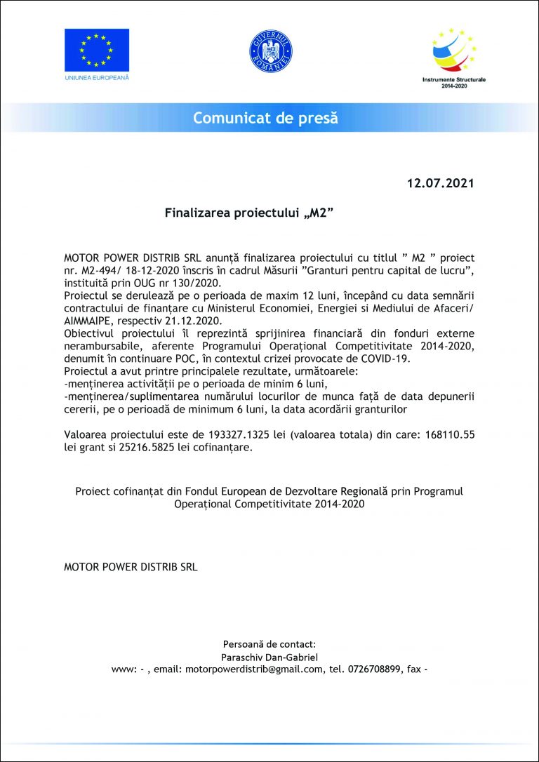 Comunicat de presă MOTOR POWER DISTRIB SRL