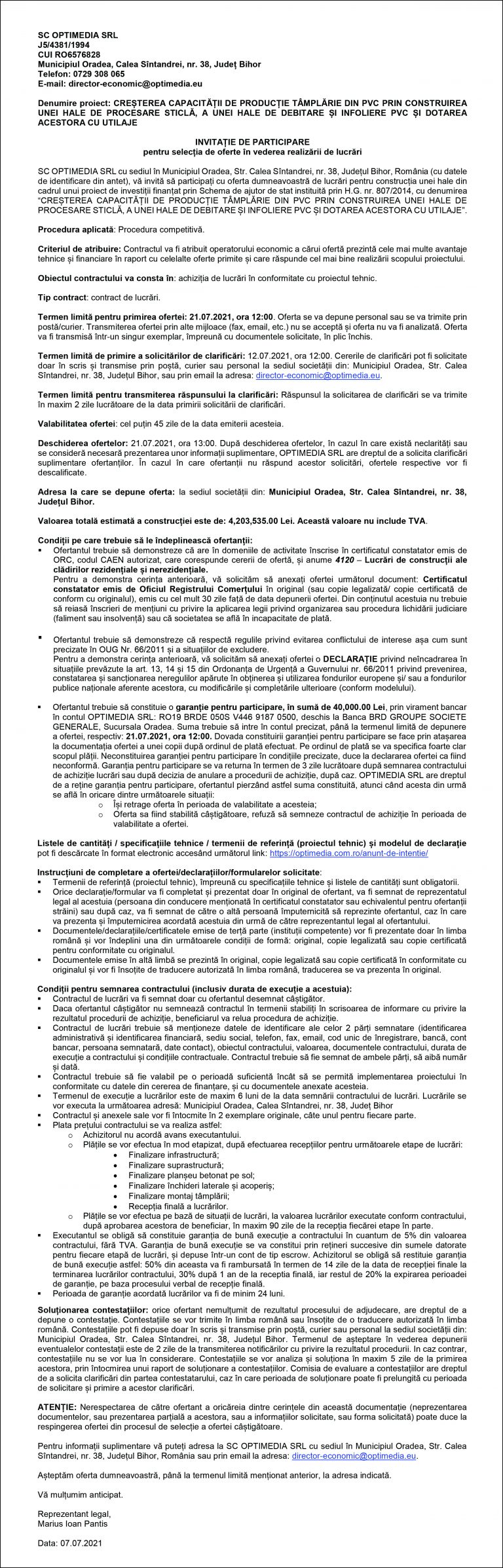 Invitație de participare SC OPTIMEDIA SRL