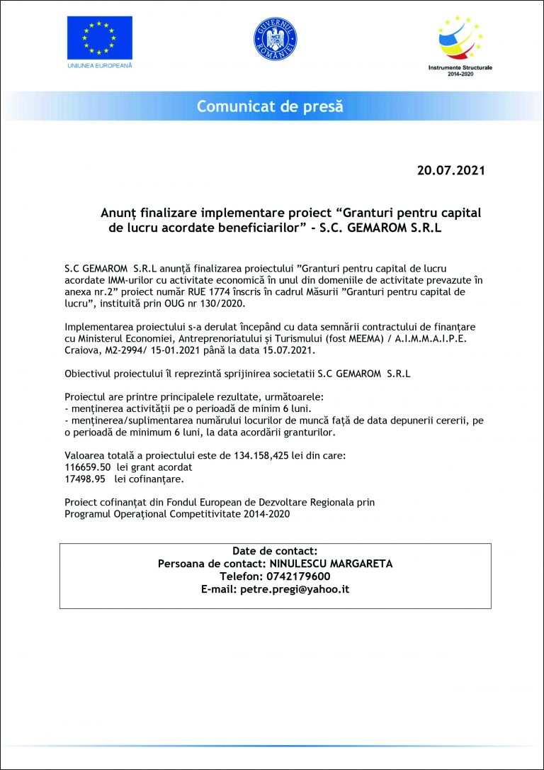 Comunicat de presă S.C GEMAROM S.R.L.