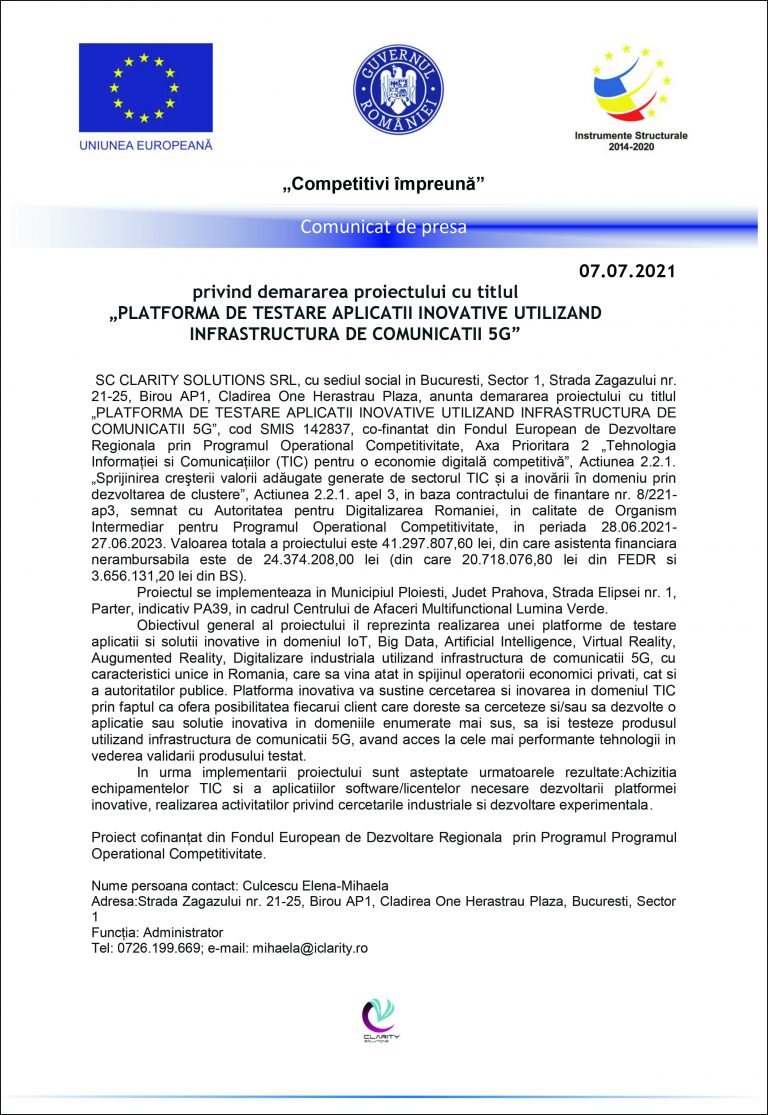 Comunicat de presă SC CLARITY SOLUTIONS SRL