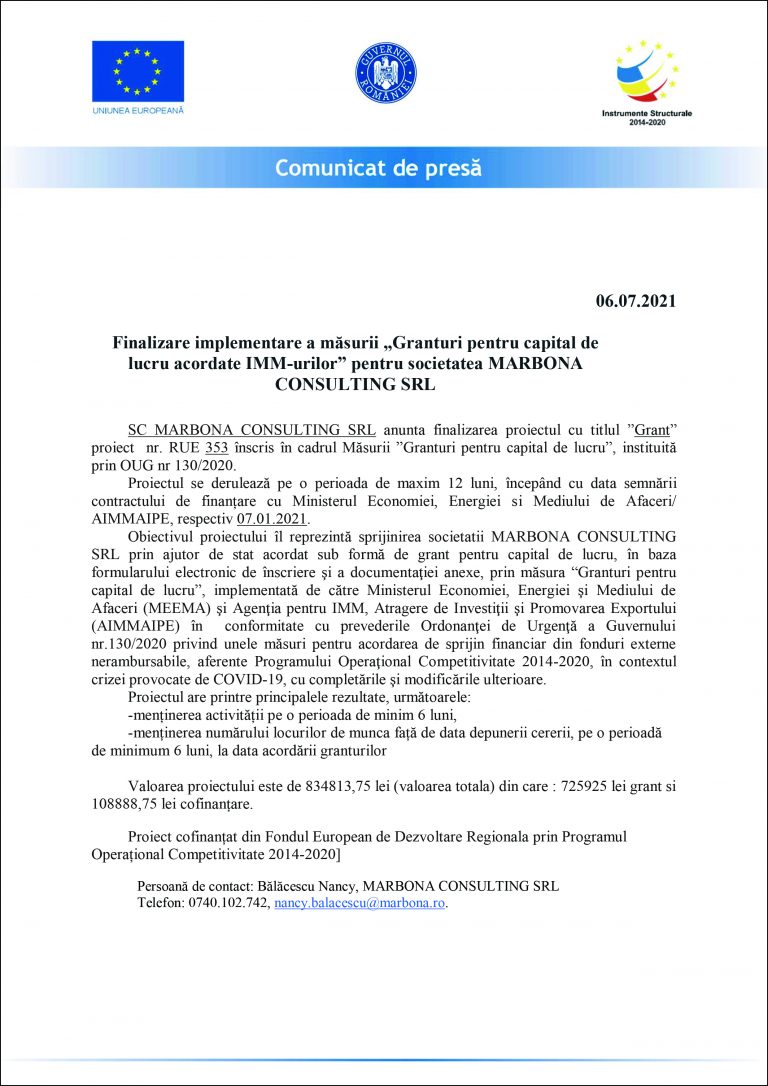 Comunicat de presă SC MARBONA CONSULTING SRL