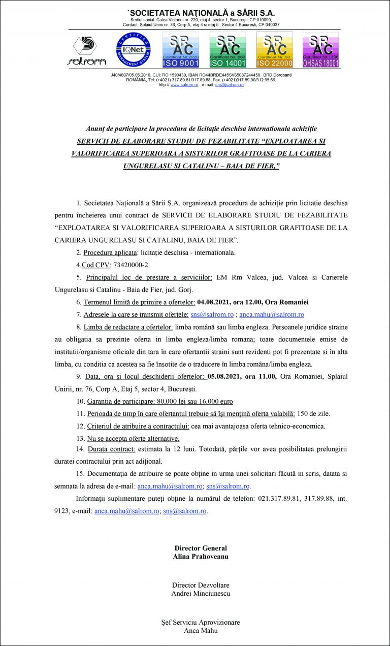 Anunț de participare SOCIETATEA NAŢIONALĂ A SĂRII S.A.