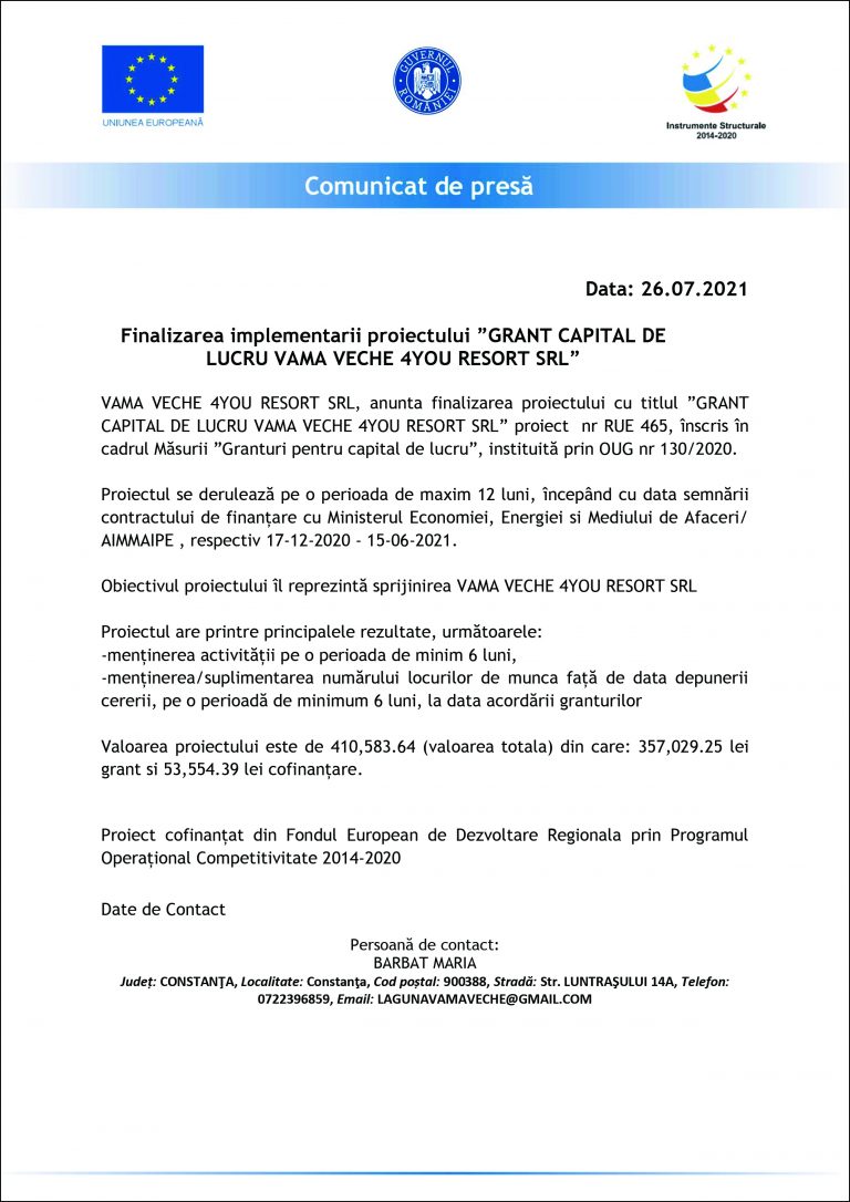 Comunicat de presă VAMA VECHE 4YOU RESORT SRL