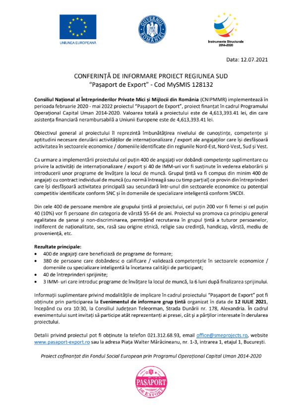 CONFERINȚĂ DE INFORMARE PROIECT REGIUNEA SUD “Pașaport de Export” – Cod MySMIS 128132