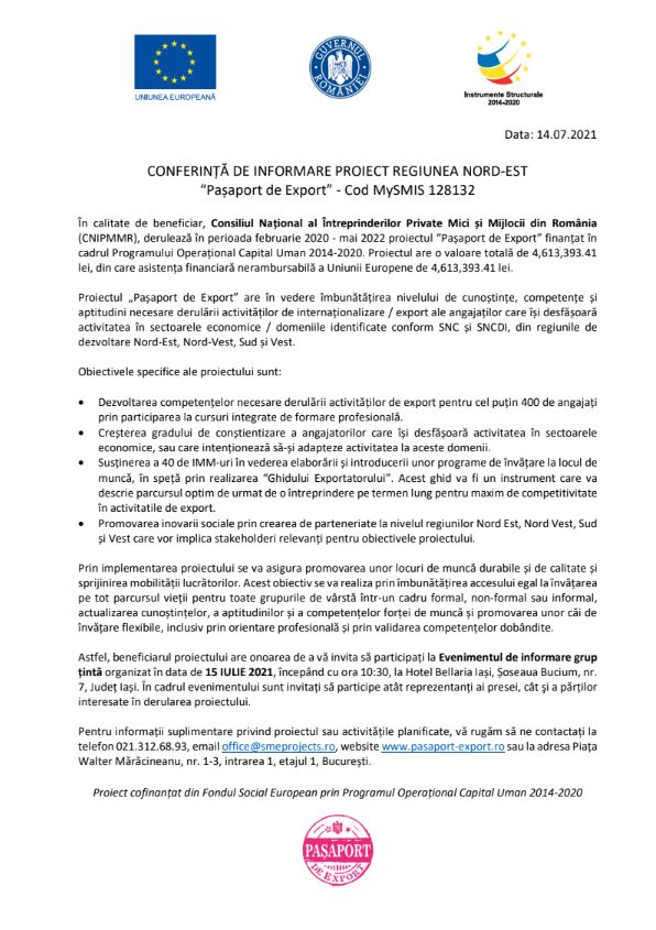 CONFERINȚĂ DE INFORMARE PROIECT REGIUNEA NORD-EST “Pașaport de Export” – Cod MySMIS 128132