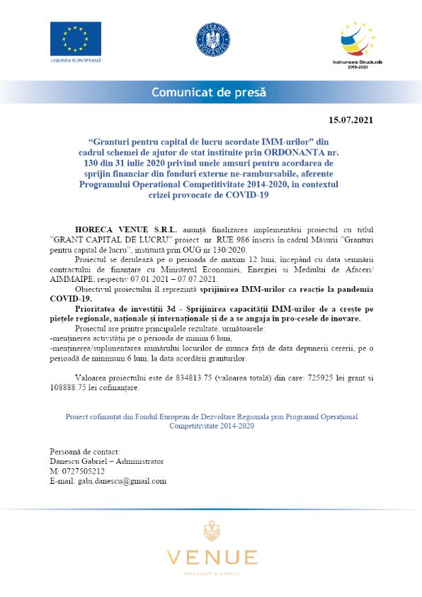 Comunicat de presa HORECA VENUE SRL