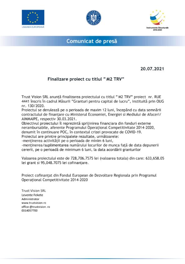 Comunicat de presa TRUST VISION SRL