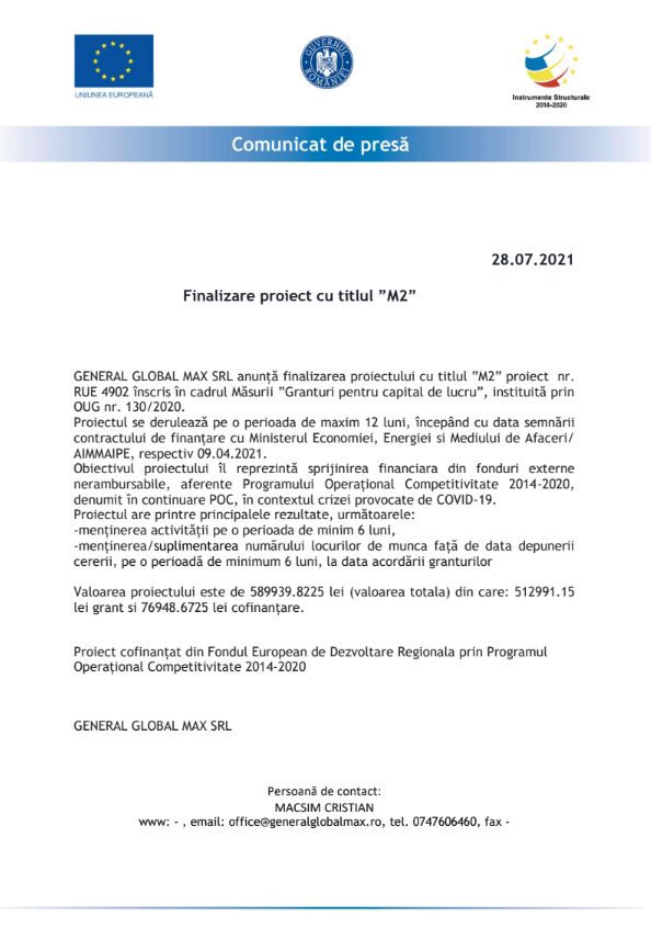 Comunicat de presa GENERAL GLOBAL MAX SRL