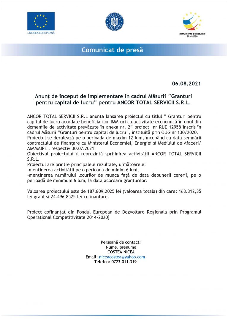 Comunicat de presă ANCOR TOTAL SERVICII S.R.L.
